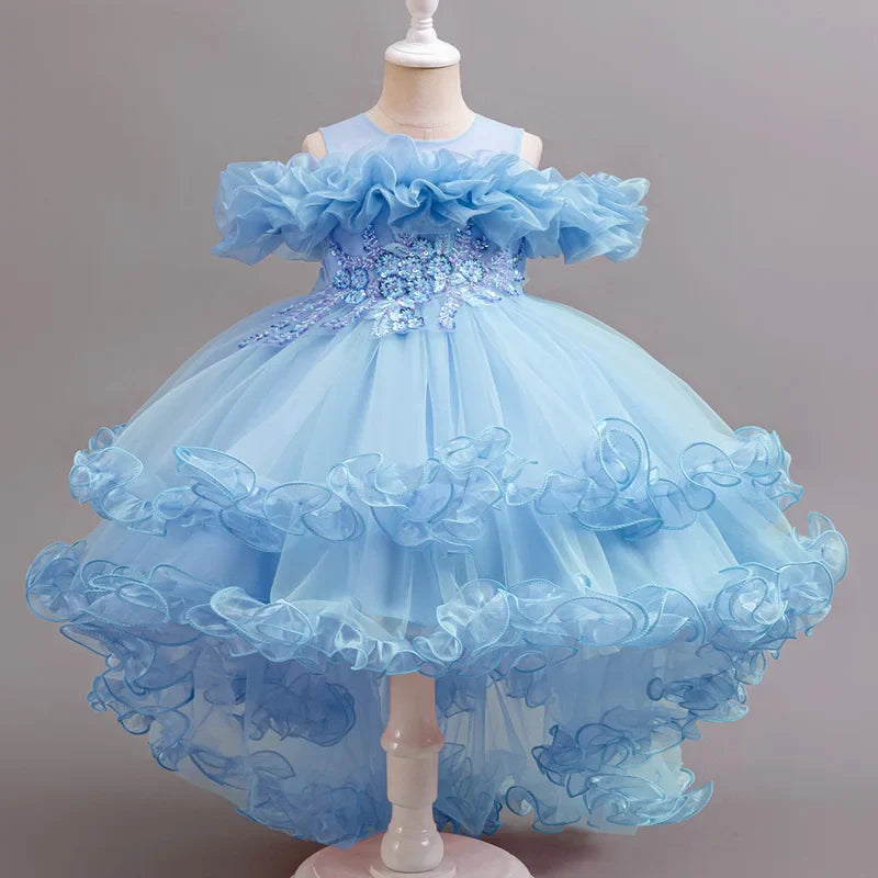 Purple Flower Bridesmaid Princess Dress For Girls Children Costumes Trailing Party Dresses Girls Dress Beaded Wedding Gown
