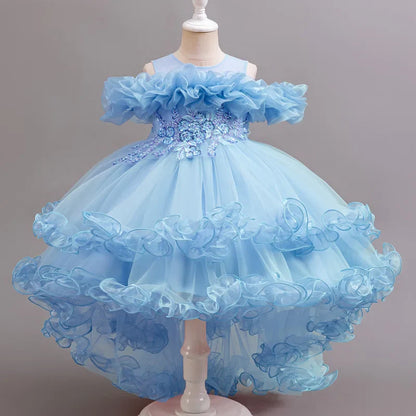 Purple Flower Bridesmaid Princess Dress For Girls Children Costumes Trailing Party Dresses Girls Dress Beaded Wedding Gown
