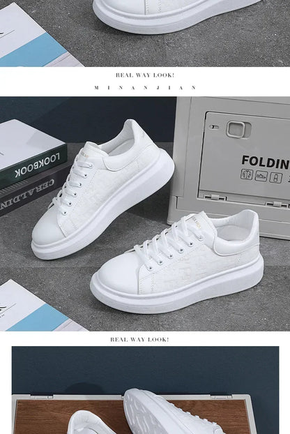 2025 New Men's Shoes Spring and Autumn Flat-soled Casual Leather Shoes Sports Shoes Black and White Men's Thick-soled Breathable