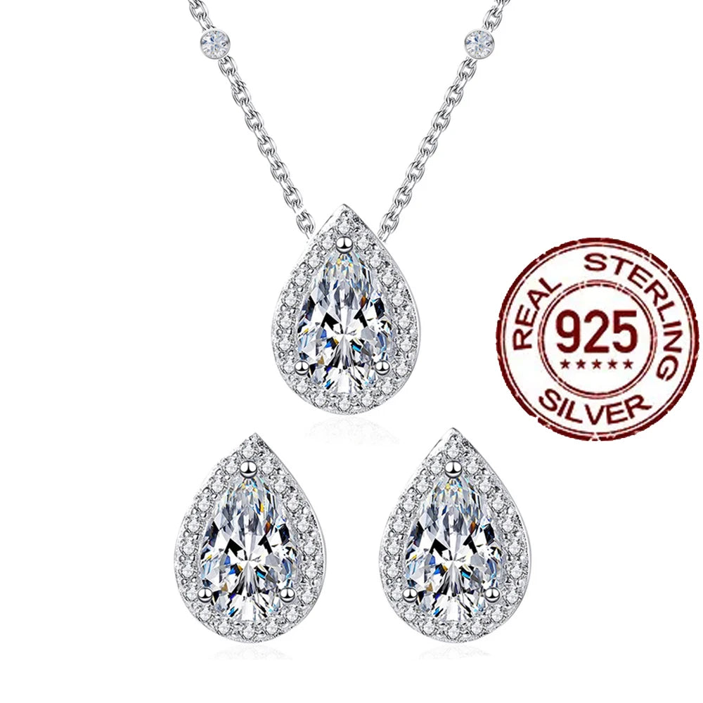 Pure 925 Sterling Silver Pear Cut CZ Stud Earrings Pendant Necklace Set for Women Fine Jewelry Accessories Gift ST005