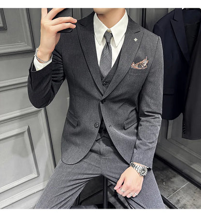 Slim Fit Men's Three Piece Suit Thin Single Button Notch Lapel Casual Fashion Cotton Blend Spring Autumn Wear for Youth