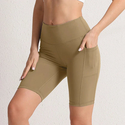 Women Yoga Shorts with 3 Pockets Seamless Gym Fitness Tights Elastic Cycling Shorts Female Solid Color Leggings