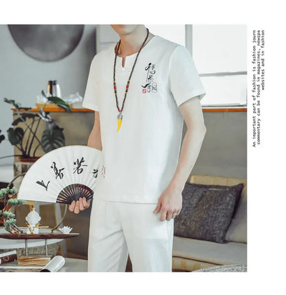(Shirt + trousers) 2025 summer Chinese Style men shirt Cotton and linen shirts men's High quality casual shirts Two Piece M-5XL