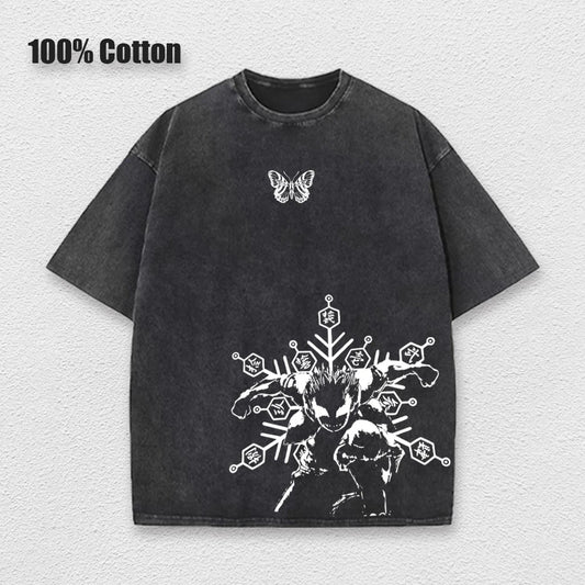 Anime Printed Washed Tshirt Demon Slayer Akaza Poster Performance Top Men Retro Harajuku Style Pullover Short Sleeves Unisex