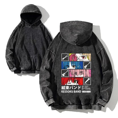 Men Acid Hoodies Bocchi The Rock Manga Top Print Vintage Pullover Casual Basis Long Sleeve Washed Hoodies