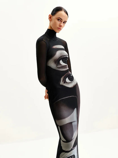 Fashion Women's Maxi Dresses Printed Turtleneck Regular Long Sleeves Sheath Slim Fit Eyes Causal Streetwear Vestidos