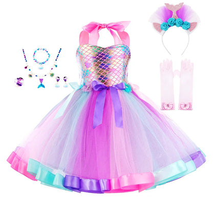 Girls Mermaid Tutu Dress Under the Sea Theme Birthday Party Halloween Cosplay Costumes with Flower Headband