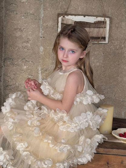 2025 Spring Summer New Children Clothing Girls Neck Hanging Flower Layered Long Dress Korean Children Birthday Princess Dress