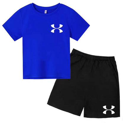 Fashion Two-Piece Casual t-shirt Set Kids  Summer Sports Short-Sleeved Boy Girl 3-13Yrs  T-shirt +Shorts