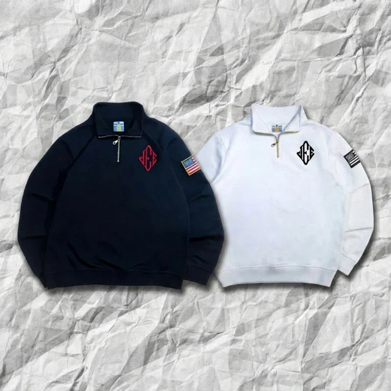 2 Pcs Outerwear Co-ords Y2K Retro JEE Quarterzip Pullover Hoodie American Trend Zipneck Embroidery Streetwear Sweatshirt Set