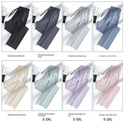 New High Quality Ice Silk Men's Women's Pants Summer Thin Loose Quick Drying Breathable Sports Straight Leg Tie Casual Pants