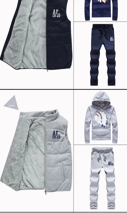 3 Pieces Set Hoodies+Vest+Pants Casual Track Suit Clothing Coats Winter Thick Warm Tracksuit for Couple Printed Mens Set Vest