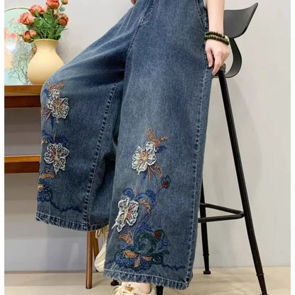 Retro Embroidered Denim Ethnic Jeans