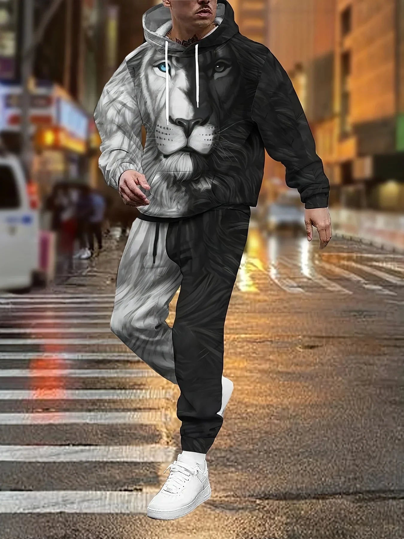 Vintage Men's Hooded Hoodies 3D Printed Battle Animal Pattern Sweatshirt Drawstring Sport Long Sleeve Tops Casual Men's Set