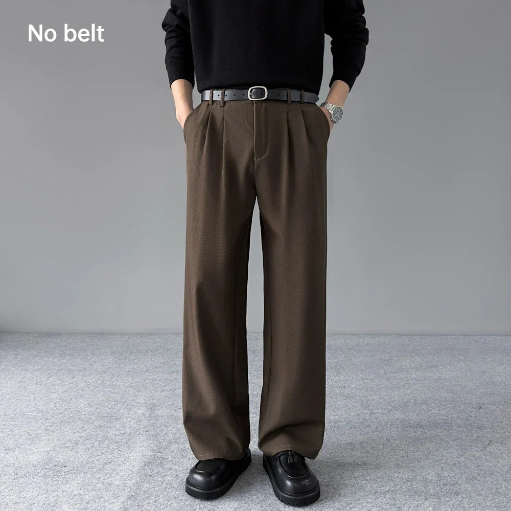 Spring New Loose Straight Pants Men Elastic Waist Double Pleats Wide Legs Casual Drape Fashionable Anti-wrinkle Trousers