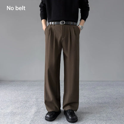 Spring New Loose Straight Pants Men Elastic Waist Double Pleats Wide Legs Casual Drape Fashionable Anti-wrinkle Trousers