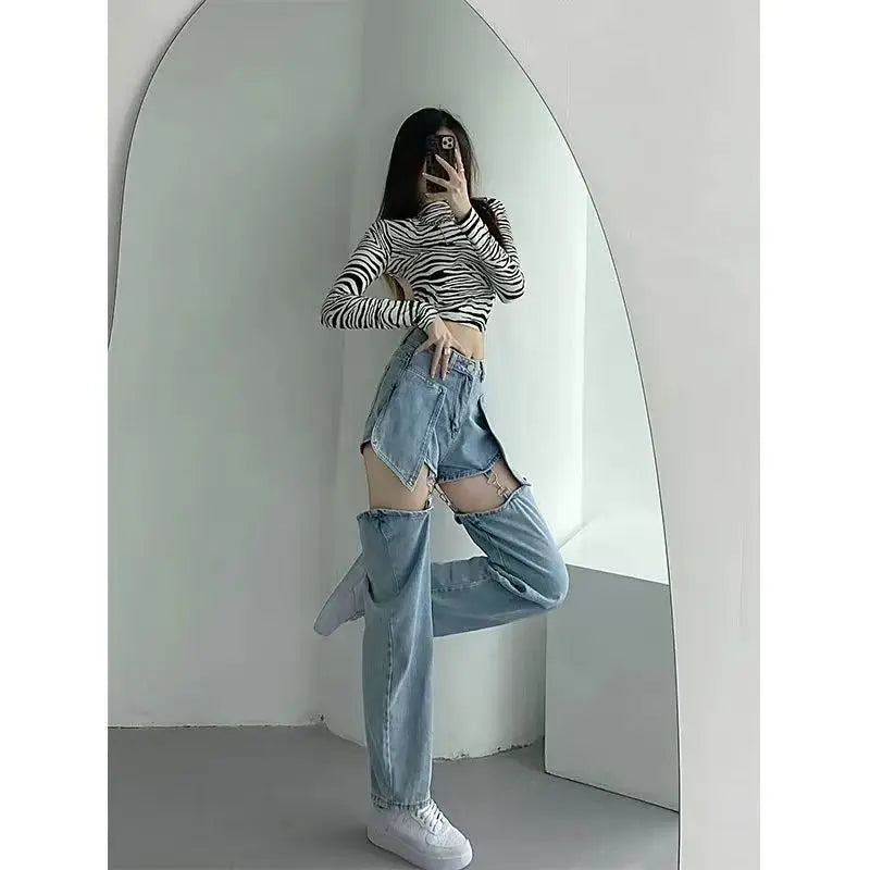 High Street Straight Fake Two Ripped Jeans