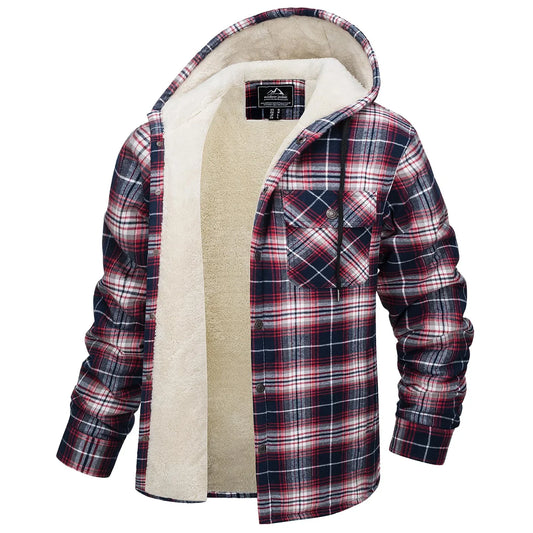 Sherpa Lined Flannel Jacket Mens Heavyweight Hooded Fleece Jacket Thicken Warm Button Down Plaid Jacket Outwear Coats