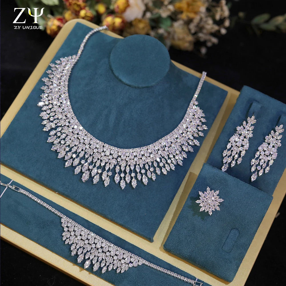 Fashion White 5A CZ Zirconia Leaf Earring Necklace for Women Bridal Weddings Jewelry Set Bijoux Femme Ensembl