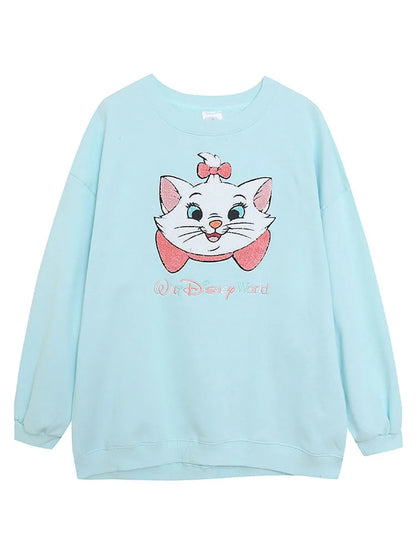 Embroidery Sweatshirt Women Casual Fleece Jumper Marie Cat Cartoon Loose Pullover Top O Neck Long Sleeve