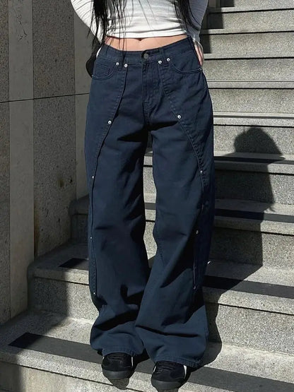 Jeans for Woman Y2k Clothes Relaxed Loose Fit Wide Leg Trousers Vintage American Retro Style with Rivet Patchwork Split Design