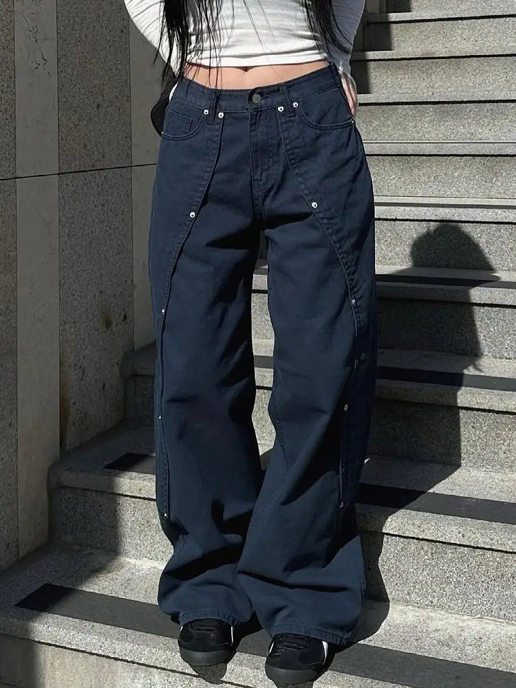 Jeans for Woman Y2k Clothes Relaxed Loose Fit Wide Leg Trousers Vintage American Retro Style with Rivet Patchwork Split Design