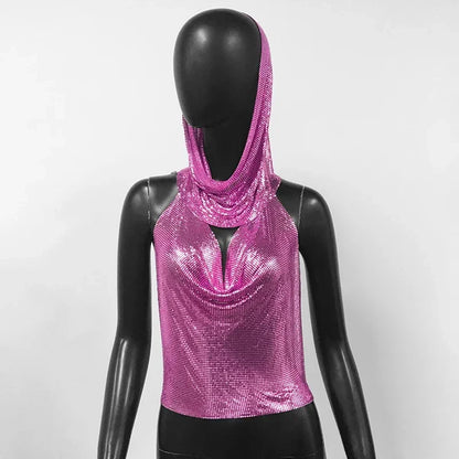Fashion Metal Sequined Y2k Women Crop Top Tank Tops with Headscarf Metallic Sequins Sexy Backless Hollow Out Halter Corset top
