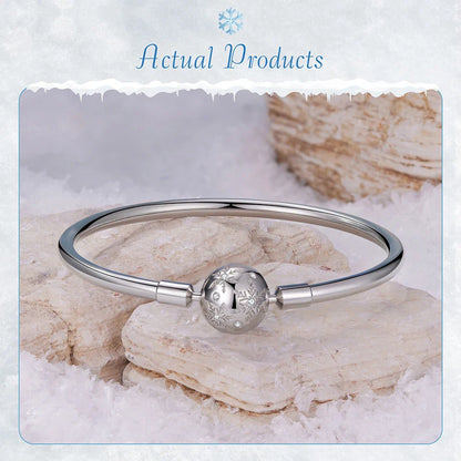 925 Sterling Silver Ice Flower Charm Bangle & Bracelet Glossy Basic Wrist Bangle for Women Pendant Beads DIY Xmas Jewelry