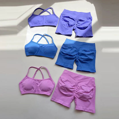 2PCS Women's High Waist Seamless Yoga Gym Set Sports Bra Top with Scrunch Shorts Fitness Workout Sportswear