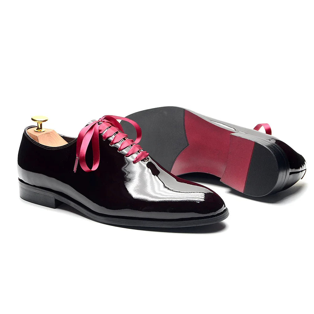 Luxury Men's Dress Shoes Burgundy Smooth Patent Leather Italian Whole Cut Plain Toe Oxford Lace-Up Wedding Party Formal Shoes