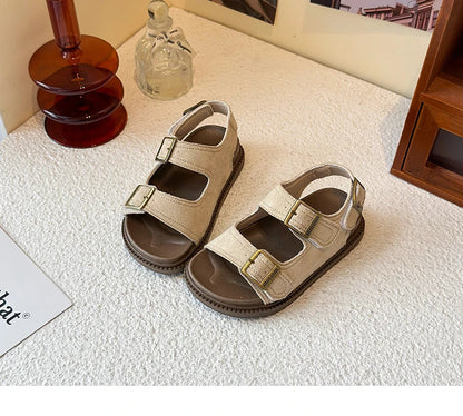 Kids Suede Strappy Sandals for Boys Girls 2025 Summer Toddler Beach Barefoot Shoes Non-slip Versatile Comfort Casual Sandals Ins