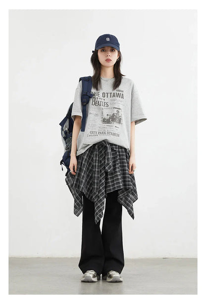 Women Skirts A Line Elastic Waist Strap Ties Irregular Plaid Half Length Skirt Female Short Skirt Woman Summer 2025