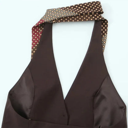 Women's Top 2026 Spring New Style Dark Brown Sleeveless Halter Neck with Tie Decoration Vest Sexy Fashion Unique and Versatile