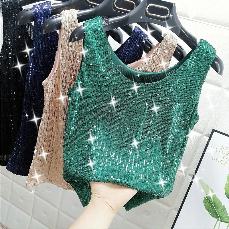 Sparkling Sequins Round Neck Vest Women's Outer Wear 2022 Summer New Bright Silk Fashion Glitter Bottoming Shirt Suspender Top