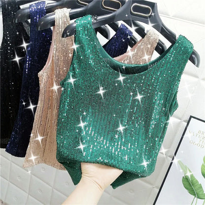 Sparkling Sequins Round Neck Vest Women's Outer Wear 2022 Summer New Bright Silk Fashion Glitter Bottoming Shirt Suspender Top