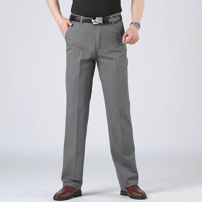 Cotton Pants Men's Straight Leisure Business Trousers Solid Autumn Winter Chinos Belted Pants Dad Elderly Formal Trousers