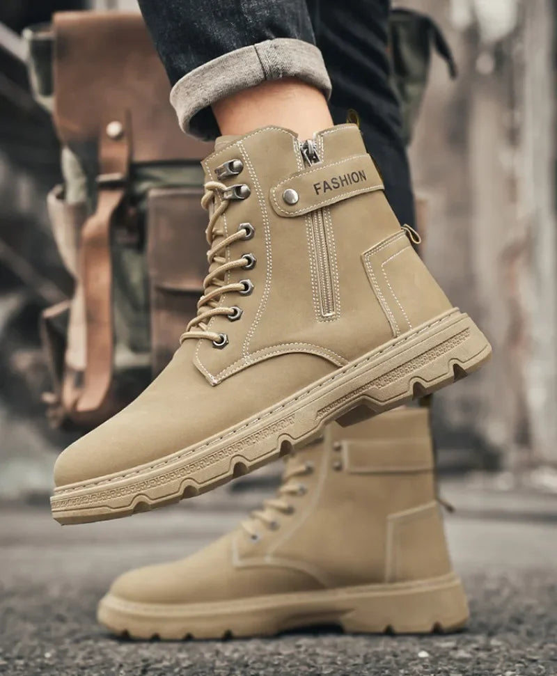 High Top Men's Shoes for Spring and Autumn, New Anti Slip and Waterproof Desert Boots Outdoor Zipper Hiking Shoes Work Boots