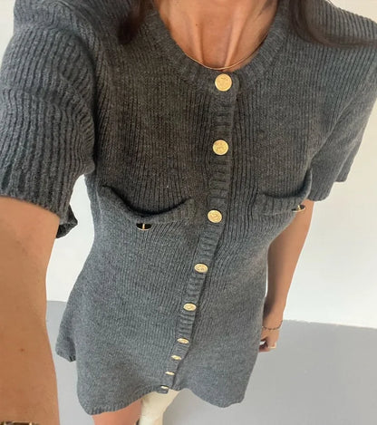 Elegant Knit Mini Dress Women Street Slim High Waist Short Sleeve Rib Sweater Dresses Vacation Bodycon Knitwear Dress