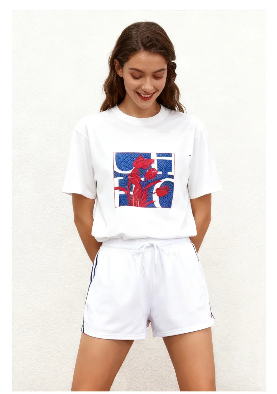 Women's T Shirts Short Sleeve O Neck Casual Flower Design Cotton Female Tops Women Tee Tops