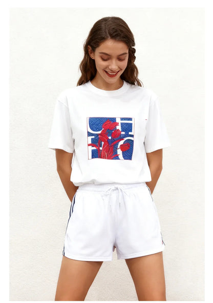 Women's T Shirts Short Sleeve O Neck Casual Flower Design Cotton Female Tops Women Tee Tops