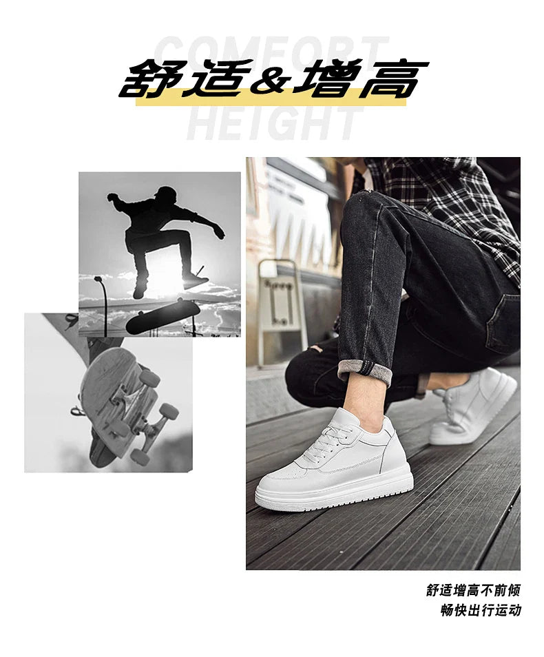 Novos sapatos masculinos invisíveis para aumentar a altura, sapatos esportivos de 6 CM-8 CM-10 CM, sapatos esportivos de couro branco para homens, tamanhos ampliados 36-46
