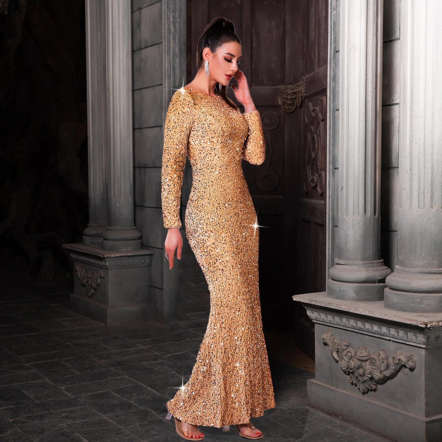 Romagic Women Modest Stretch Sequin O Neck Evening Prom Gown Party Long Dresses Full Sleeved Mermaid Formal Dinner Elegant Dress