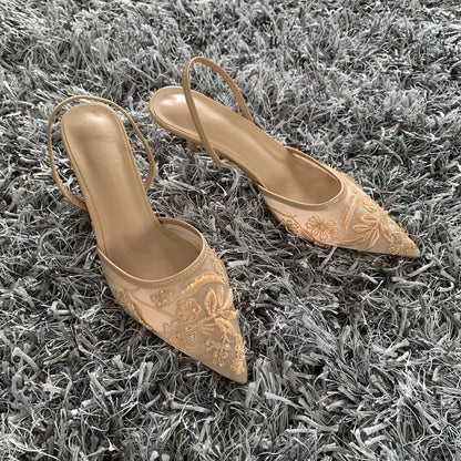 Luxury Brand High Heels Women Sandals Mesh Embroider Elegant Pointed Ladies Slingback Evening Party Wedding Bridal Dress Shoes