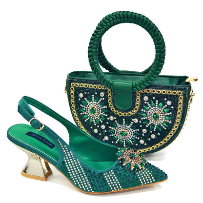Summer New Design Specials Italian Women Shoes and Bag Set Fuchsia Color Comfortable High Heels With Rhinestone