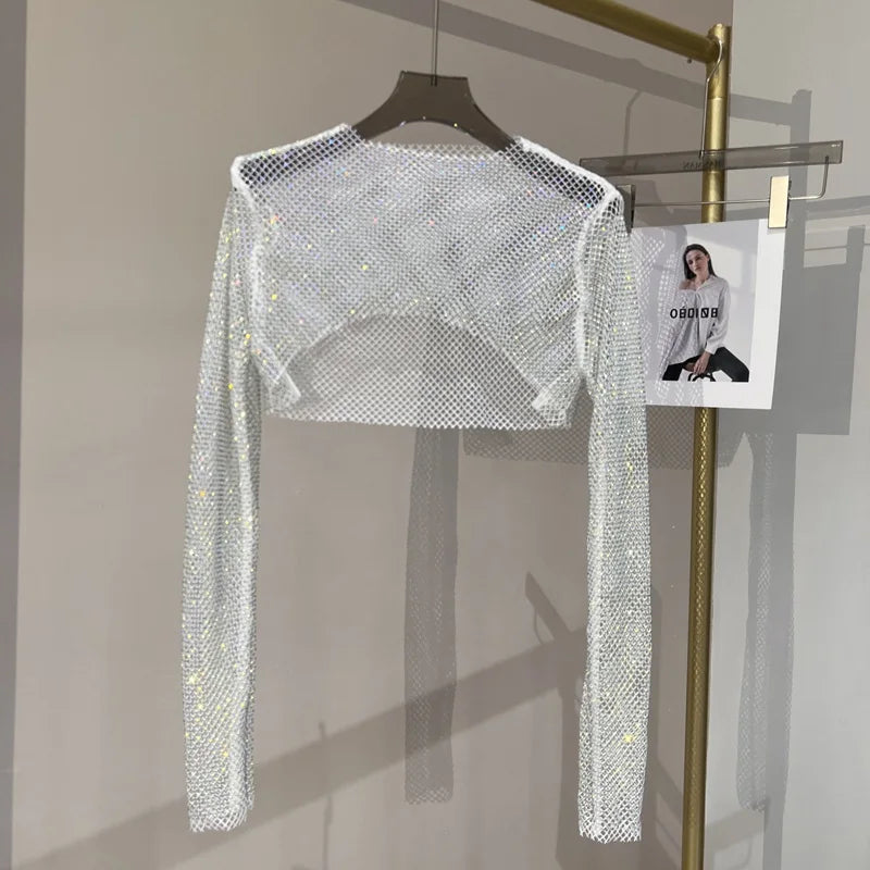 2023 new sexy bright diamond short top Slim thin Ms. hot drill long-sleeved T-shirt sexy leak waist nightclub