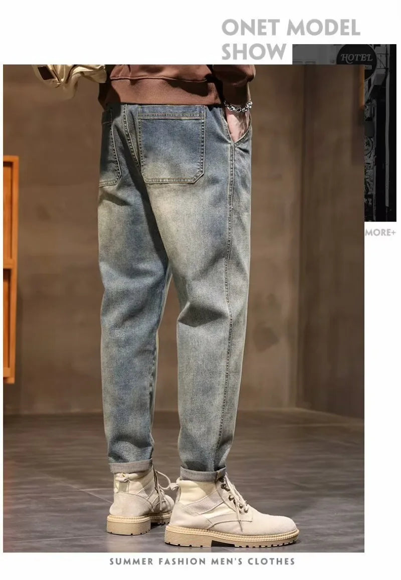 Calça Jeans Masculina Primavera Vintage Elástica Casual Longa Calça Reta Slim Algodão Poliéster Lavada para Adolescentes