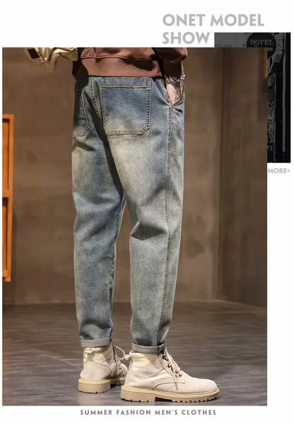 Calça Jeans Masculina Primavera Vintage Elástica Casual Longa Calça Reta Slim Algodão Poliéster Lavada para Adolescentes