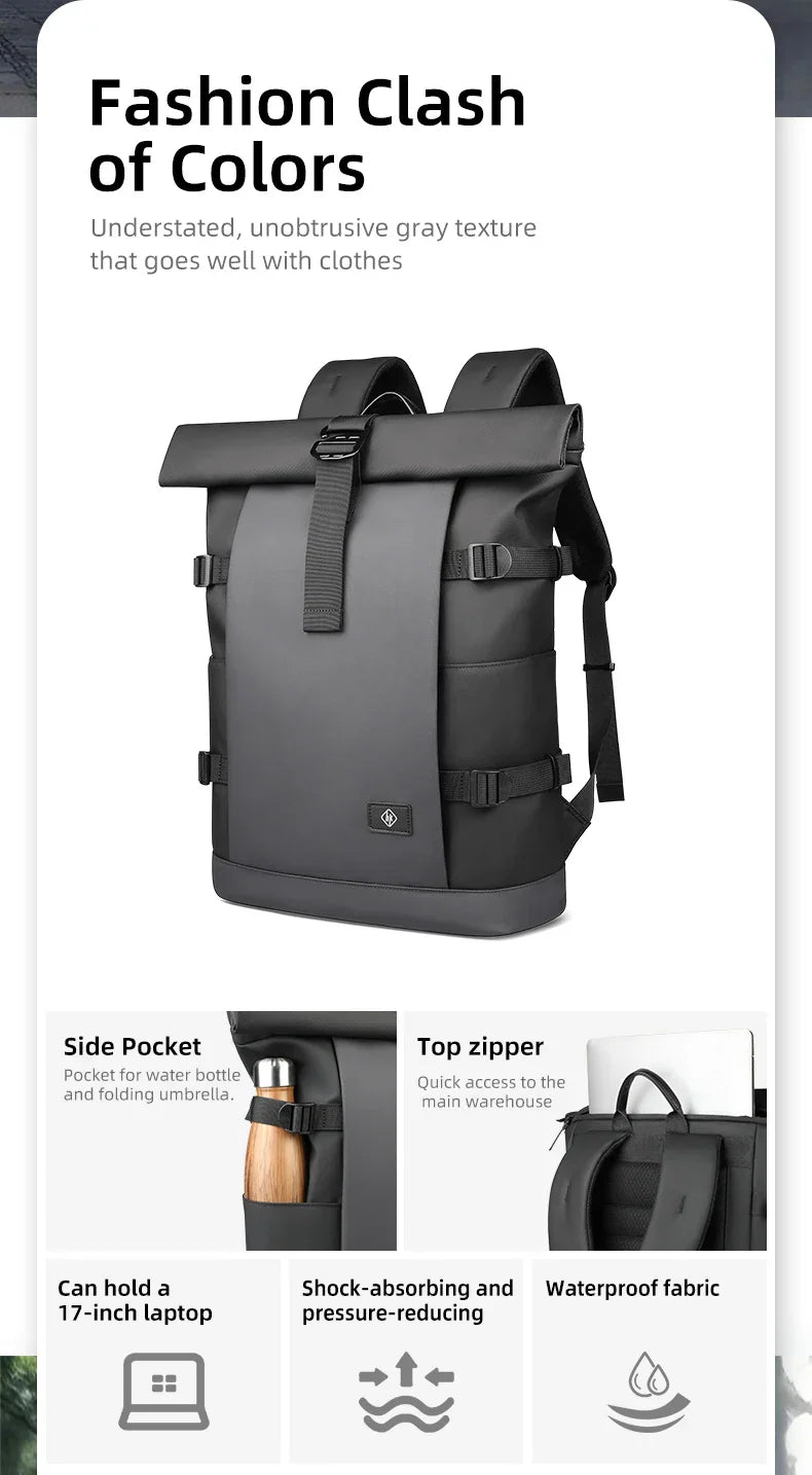 Waterproof Roll-Top Backpack for Men Large Capacity Expandable 17 Inch Laptop Bag Leisure Travel Backpack Hiking Camping Bags