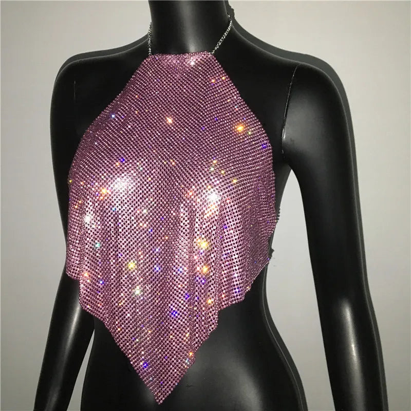 Fashion Summer Backless Tank Top Women Shiny Rhinestone Metal Sequins Halter Neck Camisole Rave Festival Party Crop Tops
