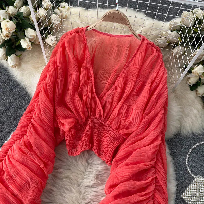Women Sexy Chiffon Short Blouse Female See Through Super Long Sleeve Blusas Purple/Green/Black/White Folds Party Tops 2022 New